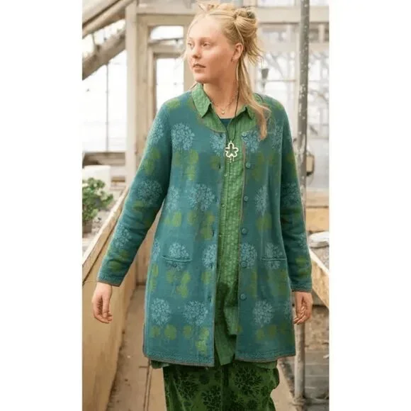 Gudrun Sjoden Marbacka Cardigan Long Sweater Organic Cotton XL Green Blue - Picture 16 of 16
